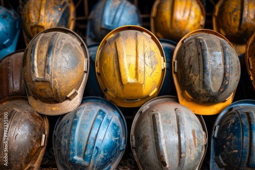 Pile of Used Hard Hats Colorful Safety Helmets of Construction Workers Stacked Together