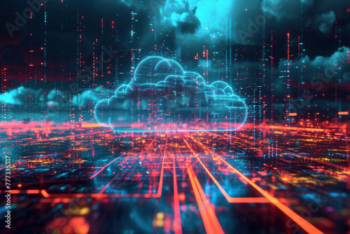 Discover the essence of cloud computing and data business in a vibrant vector graphic  showcasing luminous 3D objects against abstract landscapes. AI generative .