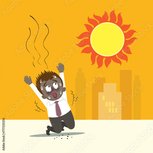 Hand drawn man in extreme heat weather on a hot day. Angry sun Stock, Unhealthy heat, Heat Wave concept. Flat, Poster, Vector, Illustration, Cartoon, EPS10.   
