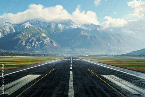 Explore the scenic allure of flight as an aircraft takes off from the runway, with a mountain range providing a breathtaking background on a clear weather day. AI generative.