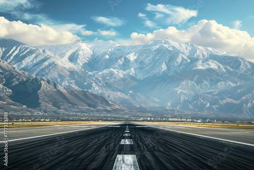 Capture the beauty of aviation with a view of the airport runway and a passenger aircraft lifting off against a stunning mountain backdrop on a sunny day. AI generative. photo