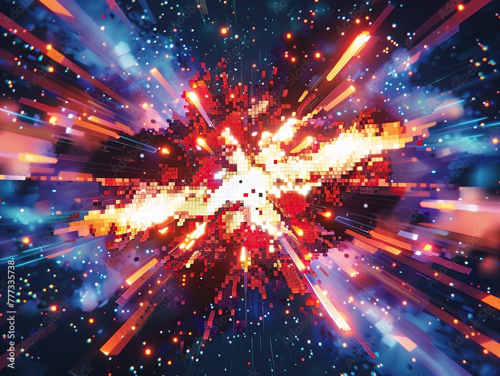 A closeup of a pixelated explosion from a retro space shooter, rendered in Pop Art style with vibrant color bursts and geometric shapes , high resolution DSLR A closeup of a pixelated explosion from a retro space shooter, rendered in Pop Art style with vibrant color bursts and geometric shapes , high resolution DSLR