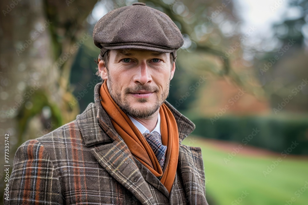 Stylish Gentleman in Traditional Tweed Attire Posing Outdoors with Elegant Confidence and a Classic Look Stylish Gentleman in Traditional Tweed Attire Posing Outdoors with Elegant Confidence and a Classic Look