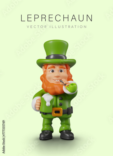 Smiling leprechaun smokes pipe and drinks cider. Vertical poster on green background