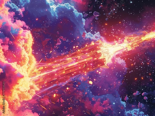 A closeup of a pixelated explosion from a retro space shooter, rendered in Pop Art style with vibrant color bursts and geometric shapes , high resolution DSLR