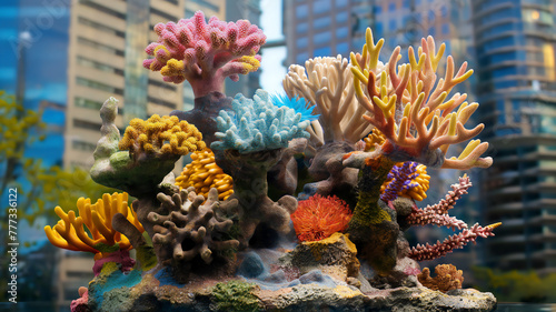 Vibrant coral reef display in an aquarium with city backdrop.
