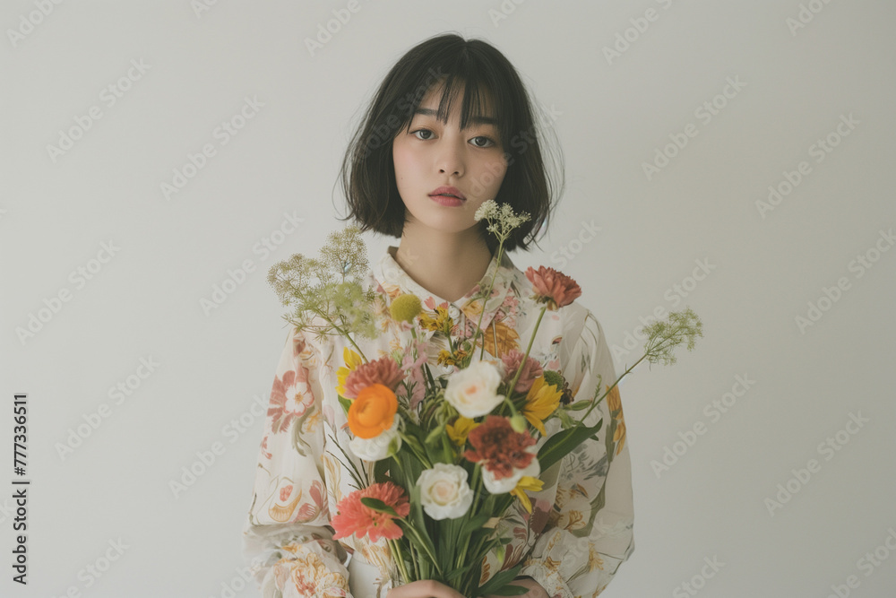 花束を持った女性、ナチュラル 花束を持った女性、ナチュラル
