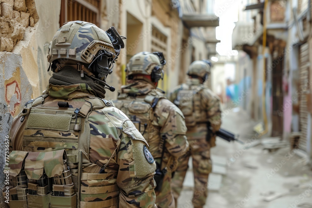 Obraz premium Armed Military Soldiers in Full Gear Patrolling Narrow Urban Street with Graffiti Walls