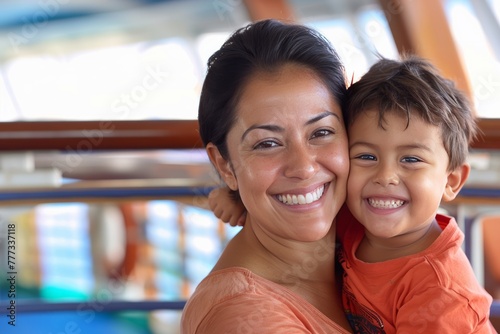Latin mother with little son in a ferry on holiday