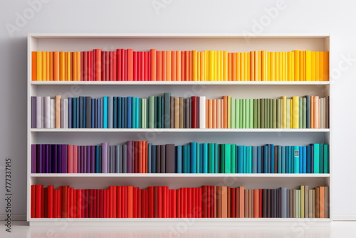 Shelf with books of different colors. A lot of books arranged by color on bookshelf. Modern bookcase