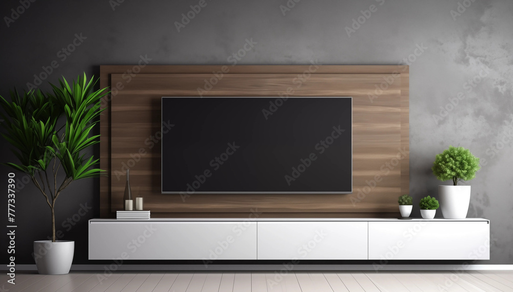 Elegant living room interior with wooden TV wall unit and plants Elegant living room interior with wooden TV wall unit and plants
