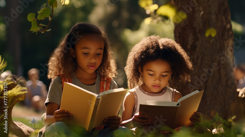 Beneath the tree's shade, kids engrossed in books. Nature's whispers blend with tales, forming an open-air haven where imagination takes flight amid rustling leaves and shared stories.