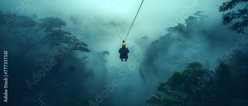 Man ziplines through Costa Rican rainforest on thrilling adventure. Concept Travel, Adventure, Costa Rica, Rainforest, Ziplining