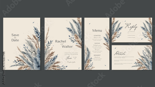 Wedding invitation templates with menus, RSVP postcards and Details. Postcards with watercolor painted grass, dry pampas grass in beige and blue tones. Rustic and boho style wedding. Vector