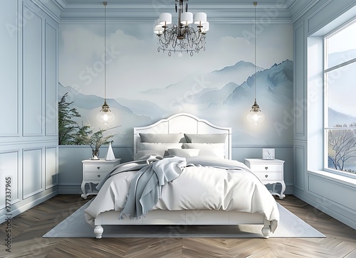 Modern bedroom interior with wallpaper and white bed, gray-blue walls, wood floor, vintage style chandelier, wall lamp, window, nature landscape wallpaper