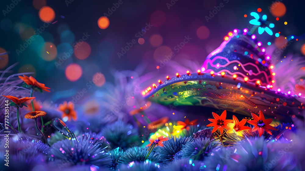 A sombrero decorated with lights and flowers in the grass, with colorful neon lights. Cinco de mayo. The day of the dead. Dia de los Muertos A sombrero decorated with lights and flowers in the grass, with colorful neon lights. Cinco de mayo. The day of the dead. Dia de los Muertos