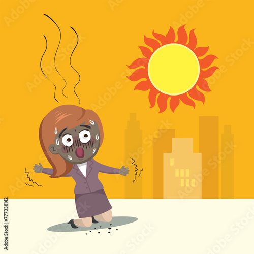  Hand drawn Woman in extreme heat with skin sunburn on a hot day. 
Angry sun Stock, Unhealthy heat, Heat Wave concept. Flat, Poster, Vector, Illustration, Cartoon, EPS10.