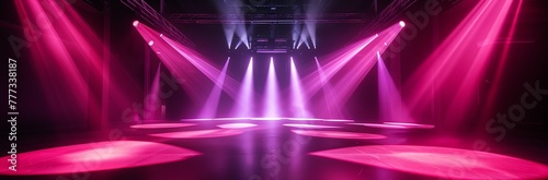 A stage set design, background illustration with vibrant beaming stage lights, Stage for online live concert Concert live streams available online