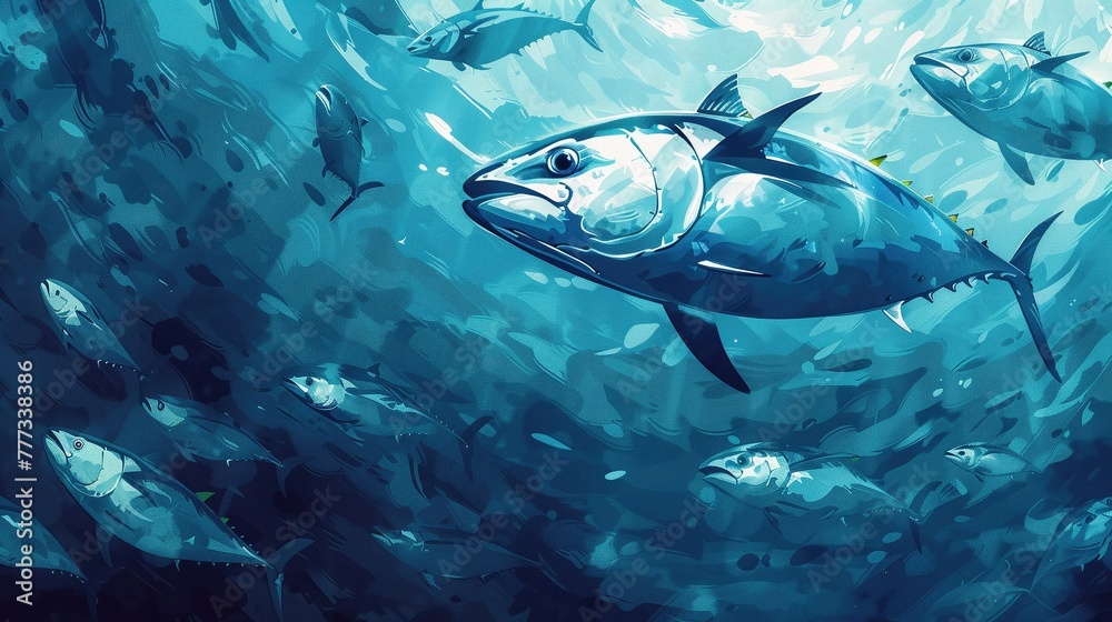 Fototapeta premium A school of cartoon bluefin tuna swimming freely, a victory for sustainable fishing practices , high resolution DSLR