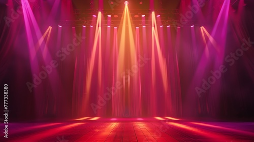 A stage set design, background illustration with vibrant beaming stage lights, Stage for online live concert Concert live streams available online photo
