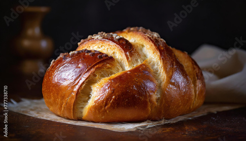 Close-up of brioche bread. Fresh and tasty bakery. Dark background.