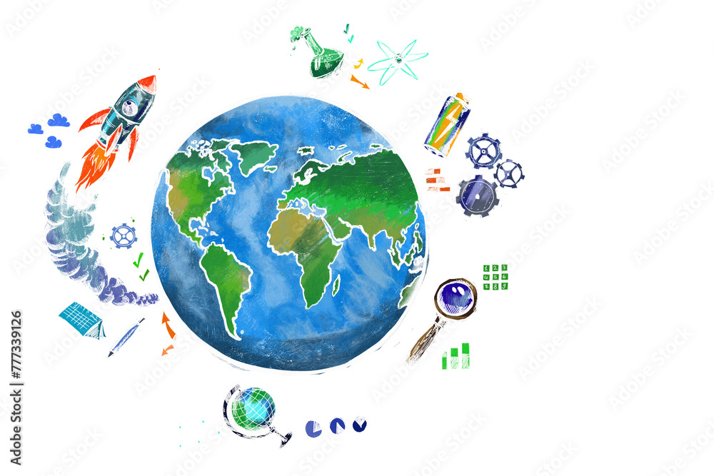 Illustration of a stylized Earth surrounded by various scientific and technological icons against a white background, showcasing the concept of global innovation Illustration of a stylized Earth surrounded by various scientific and technological icons against a white background, showcasing the concept of global innovation