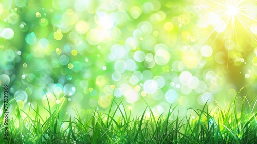 Spring background with green grass and sun light bokeh