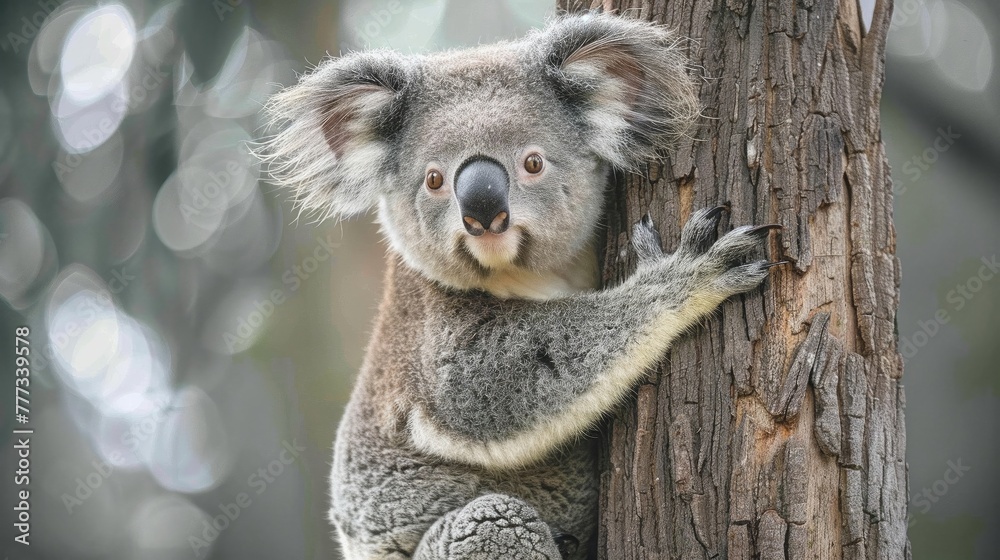 Naklejka premium A wideeyed koala bear clinging to a eucalyptus tree, soft gray fur, oversized ears, and a gentle smile , high resolution DSLR