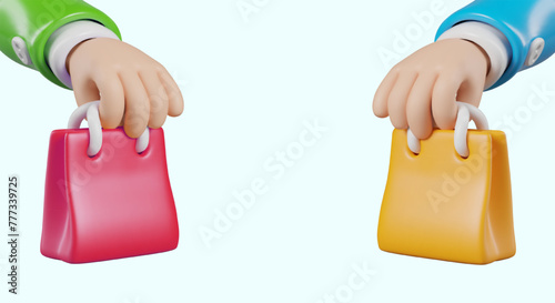 3D hands holding small gift bags of different colors. Concept for shopping, sale