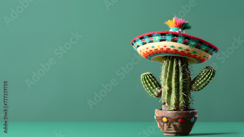 Cactus in sombrero hat and mustache on wooden table, copy space for text. Cinco de mayo. The day of the dead. Dia de los Muertos photo