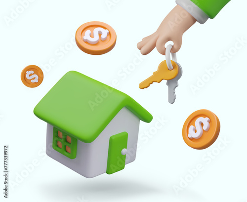Realistic house with green roof, hand holding keys, coins floating around