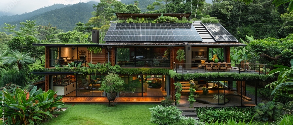 Ecofriendly green house, solar panels on roof, lush garden, sustainable living, wide shot, serene environment Ecofriendly green house, solar panels on roof, lush garden, sustainable living, wide shot, serene environment