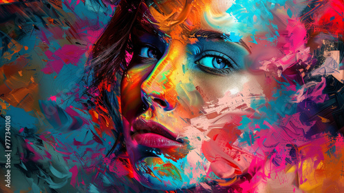 A woman's face is painted in a colorful, abstract style