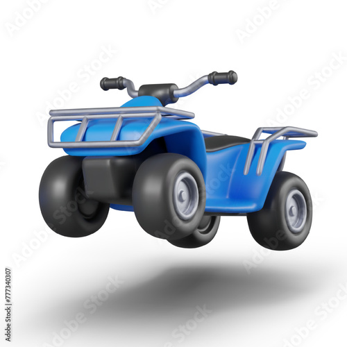 Blue black quad bike at moment of jump. Four wheeled motorcycle with nobody