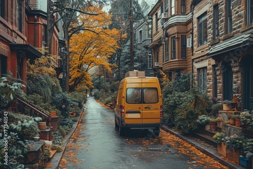 Cozy autumn scene on a residential street with a yellow van, fallen leaves, and historic homes