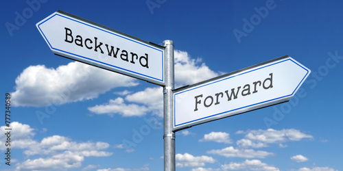 Forward or backward - metal signpost with two arrows photo
