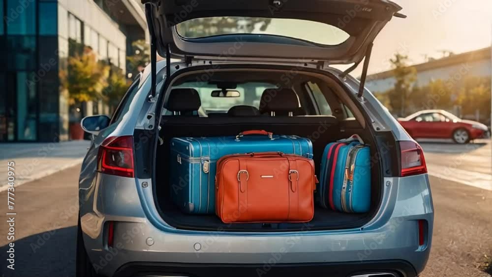 Car with open trunk, suitcases on the road Car with open trunk, suitcases on the road