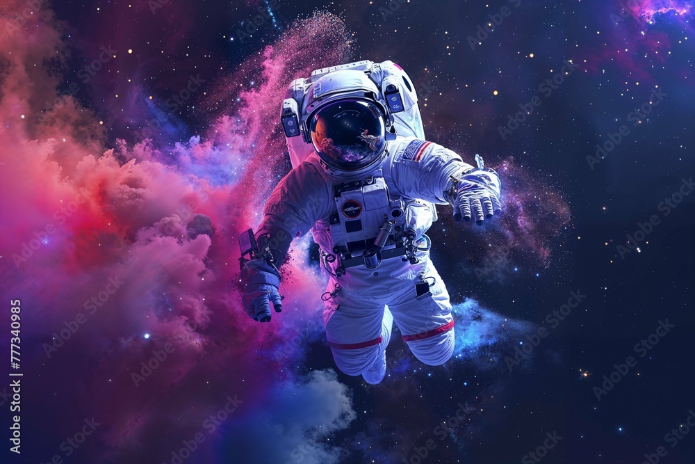 Astronaut floating through coloured dust clouds - obrazy, fototapety, plakaty 