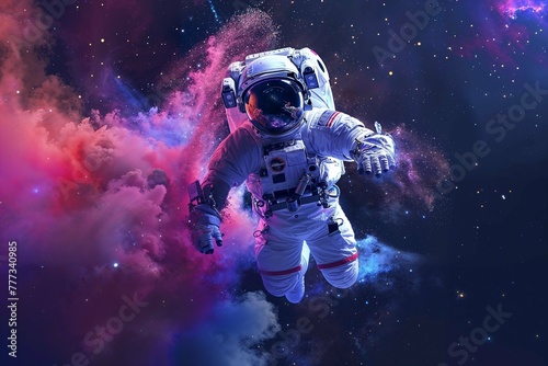 Astronaut floating through coloured dust clouds