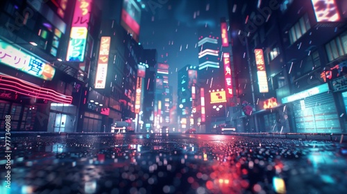 Quiet Tokyo street at night in the rain with bokeh lights
