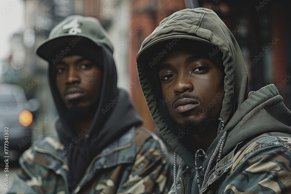 Two confident men wearing hooded camo jackets, posing with intense looks on their faces Two confident men wearing hooded camo jackets, posing with intense looks on their faces
