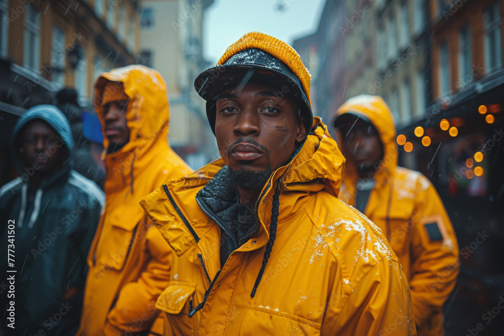 A focused man in a yellow raincoat stands out in the rain with a group of people blurred in the background