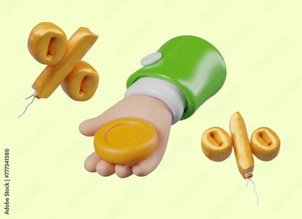 3D coin lies on human palm, gold inflatable percent balloons float around 3D coin lies on human palm, gold inflatable percent balloons float around
