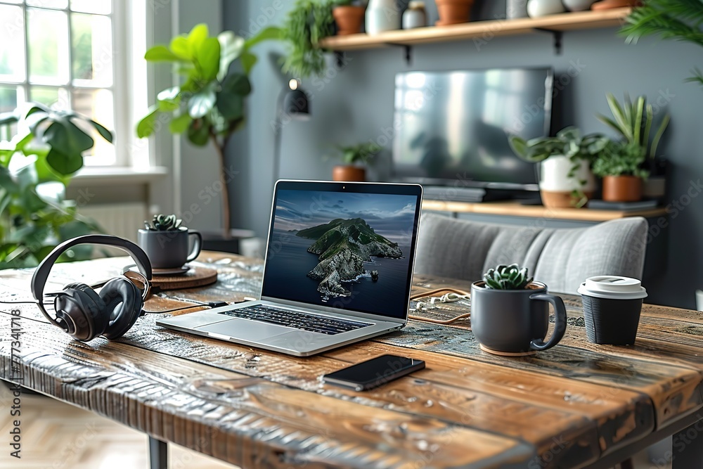 A modern home office setup with an open laptop on the desk, surrounded by black earphones and a white mouse