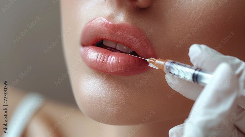 A woman is receiving a botox injection on her lips A woman is receiving a botox injection on her lips