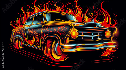 A car with flames on it.