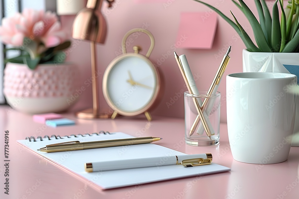 A photo of an aesthetic pink and white desk with two pens, post-it notes, a blank card, and paper. - obrazy, fototapety, plakaty 