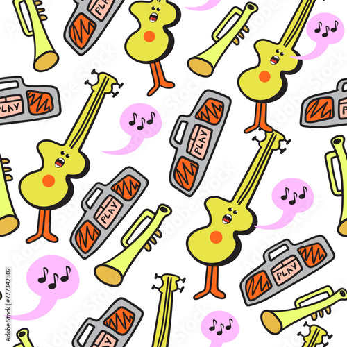 seamless pattern of music characters and objects in doodle style in vector. template for background, wallpaper, wrapping, fabric, print
