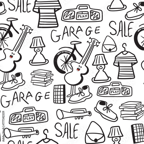 black and white seamless pattern of cartoon objects in doodle style in vector. template for background, wallpaper, wrapping, fabric, print