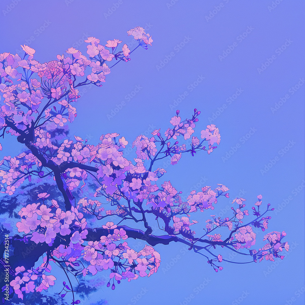 Stylized Cherry Blossom Tree on a Blue Background